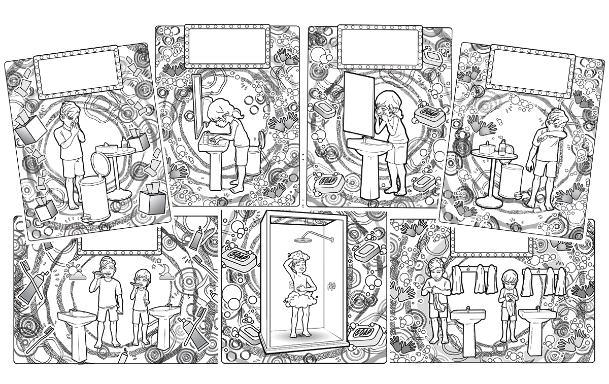 image showing 7 different black and white colouring sheets depicting the actions to stop germs