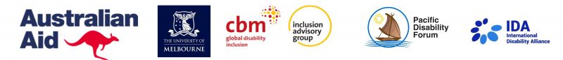 Banner showing logos of Australian Aid,  CBM Inclusion Advisory Group, University of Melbourne , Pacific Disability Forum and International Disability Alliance